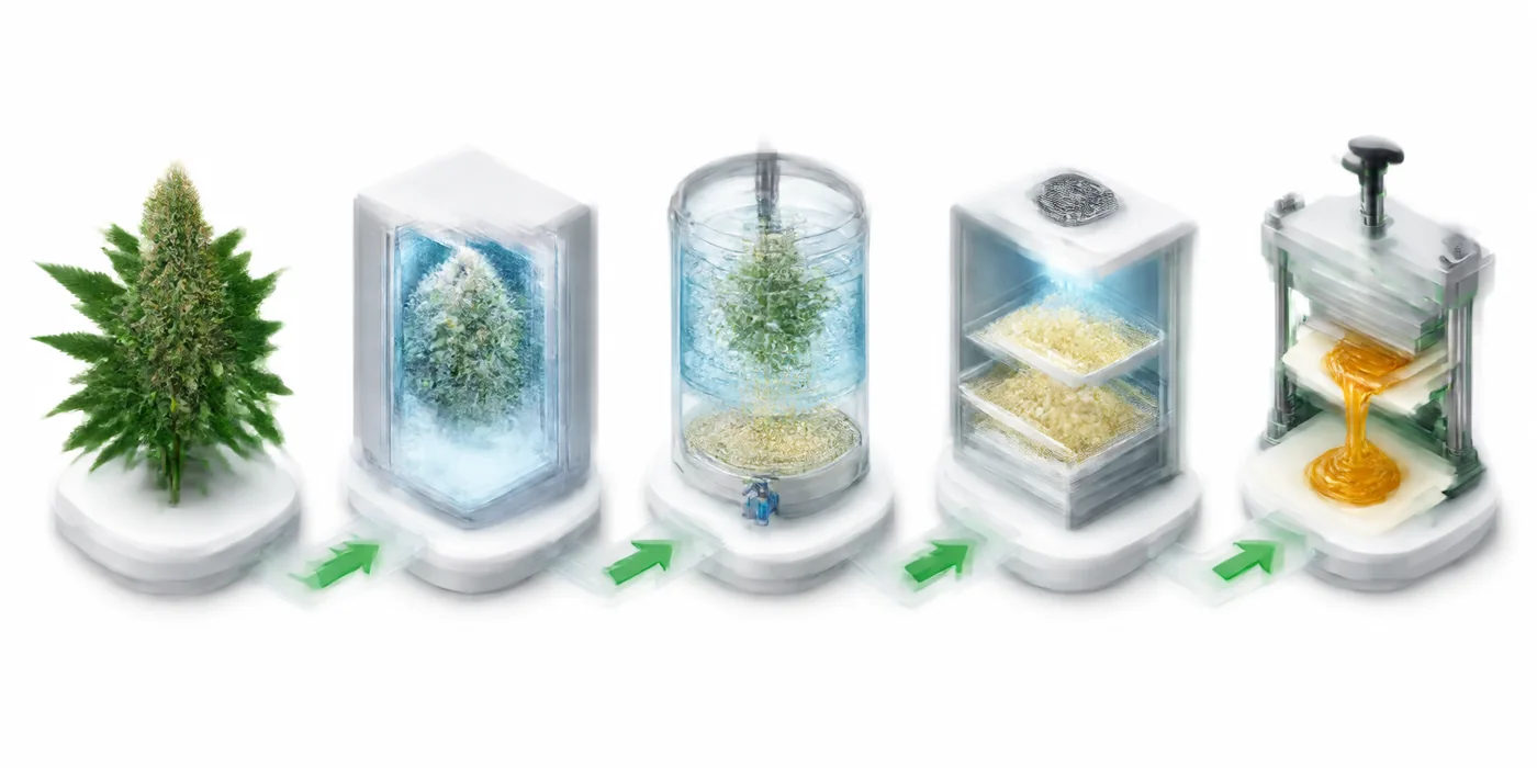 Ilustração do fluxo de produção do live rosin