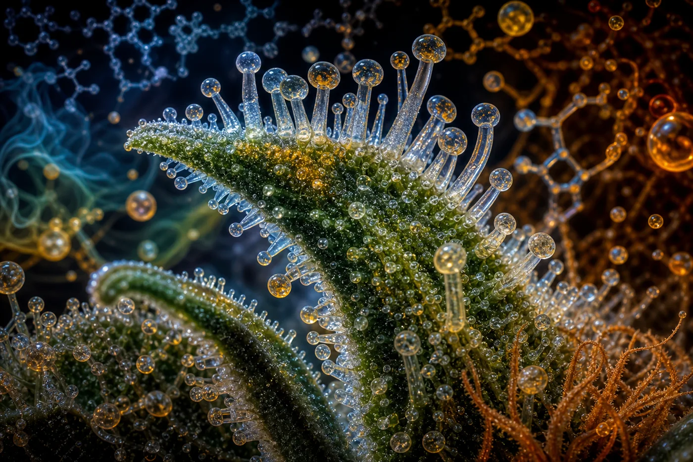 Ilustração macro de tricomas e terpenos